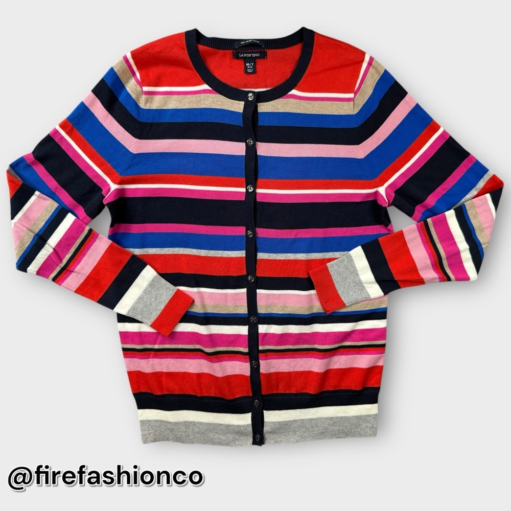 Lands' End Multicolor Stripe Cotton Cardigan Medium Preppy Bright Bold Red Pink
